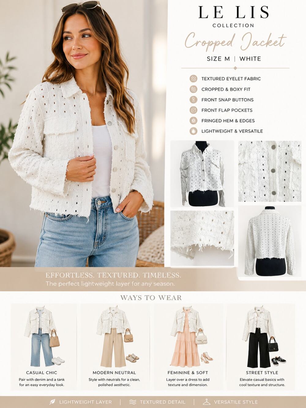 Le Lis Collection Cropped Jacket SZM White Eyelet Raw Hem Boho Chic Textured